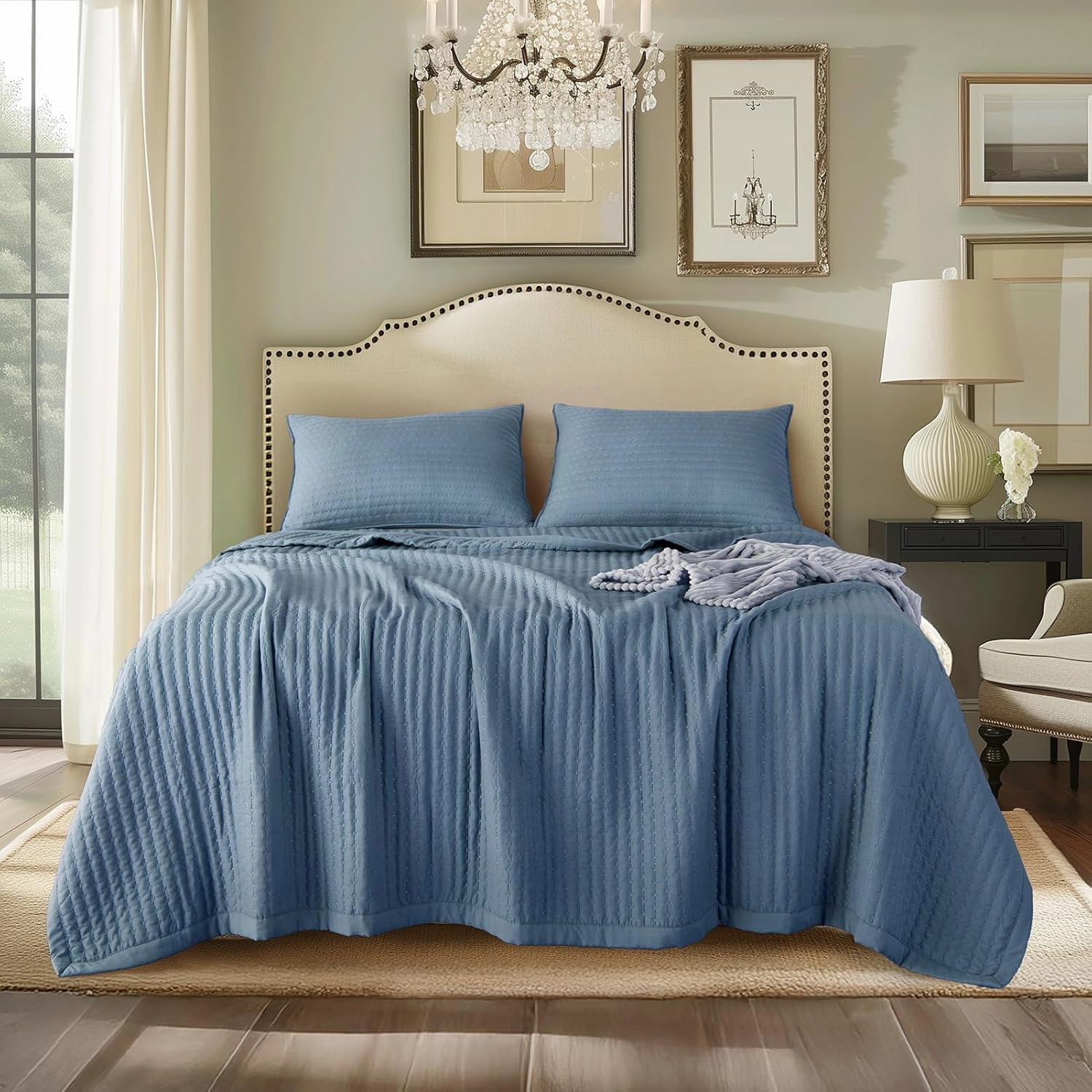 KASENTEX Quilt-Bedding-Coverlet-Blanket-Set, Machine Washable, Ultra Soft, Lightweight, Stone-Washed, Detailed Stitching - Solid Color (Blue, Oversized King   2 King Shams)