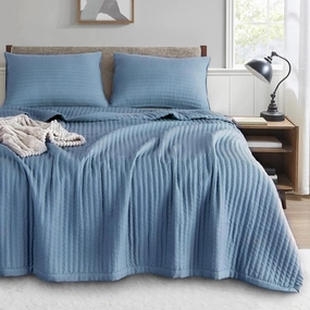 KASENTEX Quilt-Bedding-Coverlet-Blanket-Set, Machine Washable, Ultra Soft, Lightweight, Stone-Washed, Detailed Stitching - Solid Color (Blue, Oversized King   2 King Shams)