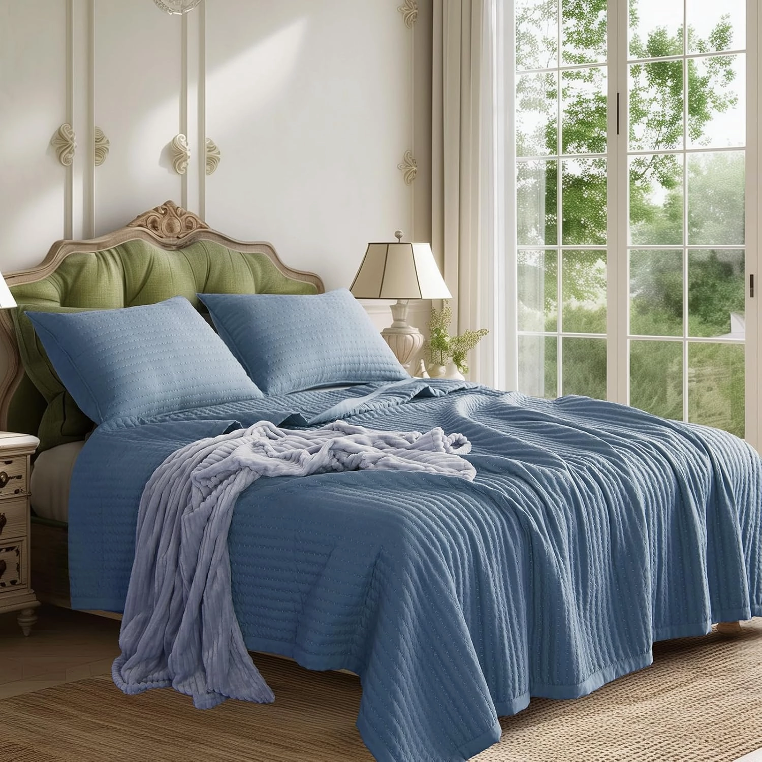 KASENTEX Quilt-Bedding-Coverlet-Blanket-Set, Machine Washable, Ultra Soft, Lightweight, Stone-Washed, Detailed Stitching - Solid Color (Blue, Oversized King   2 King Shams)