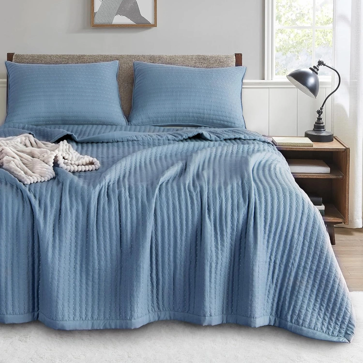 KASENTEX Quilt-Bedding-Coverlet-Blanket-Set, Machine Washable, Ultra Soft, Lightweight, Stone-Washed, Detailed Stitching - Solid Color (Blue, Oversized King   2 King Shams)
