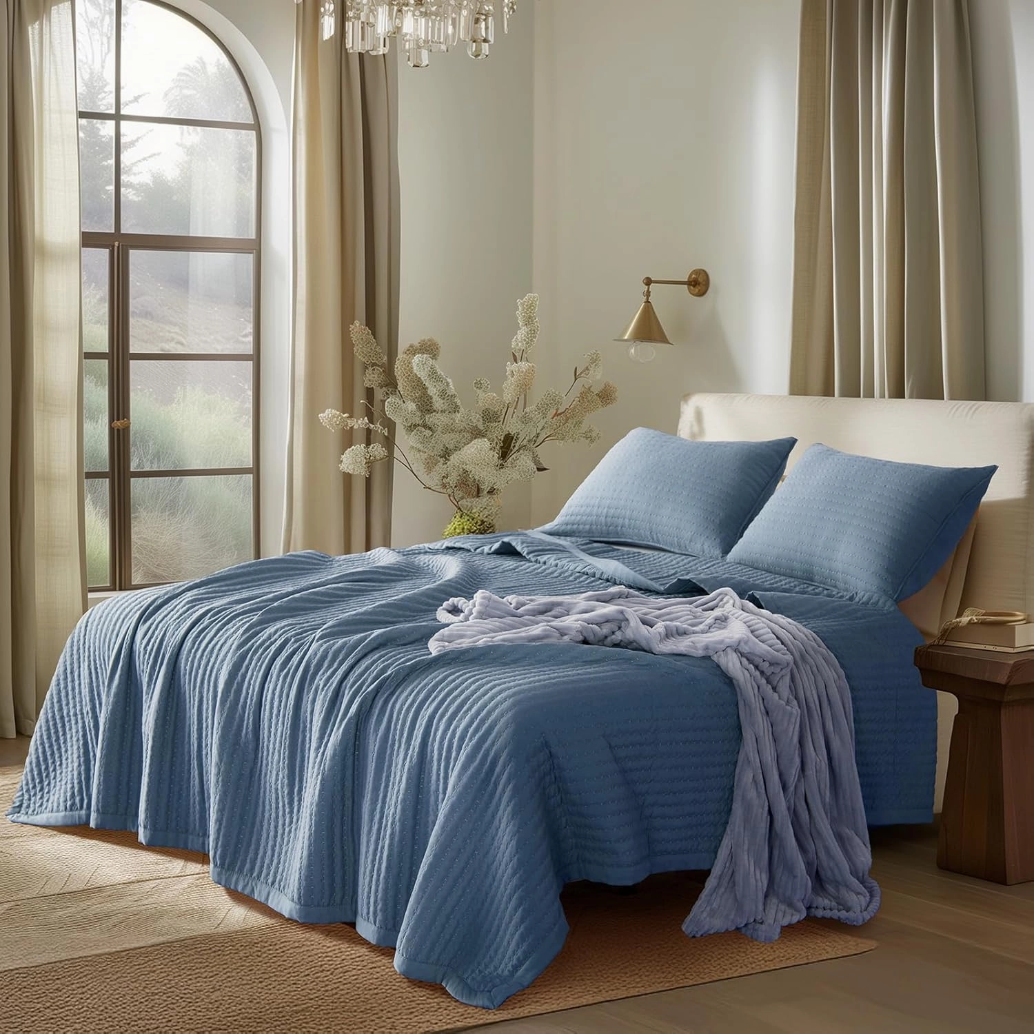 KASENTEX Quilt-Bedding-Coverlet-Blanket-Set, Machine Washable, Ultra Soft, Lightweight, Stone-Washed, Detailed Stitching - Solid Color (Blue, Oversized King   2 King Shams)