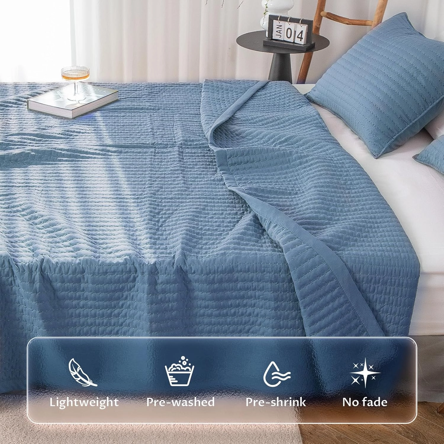 KASENTEX Quilt-Bedding-Coverlet-Blanket-Set, Machine Washable, Ultra Soft, Lightweight, Stone-Washed, Detailed Stitching - Solid Color (Blue, Oversized King   2 King Shams)