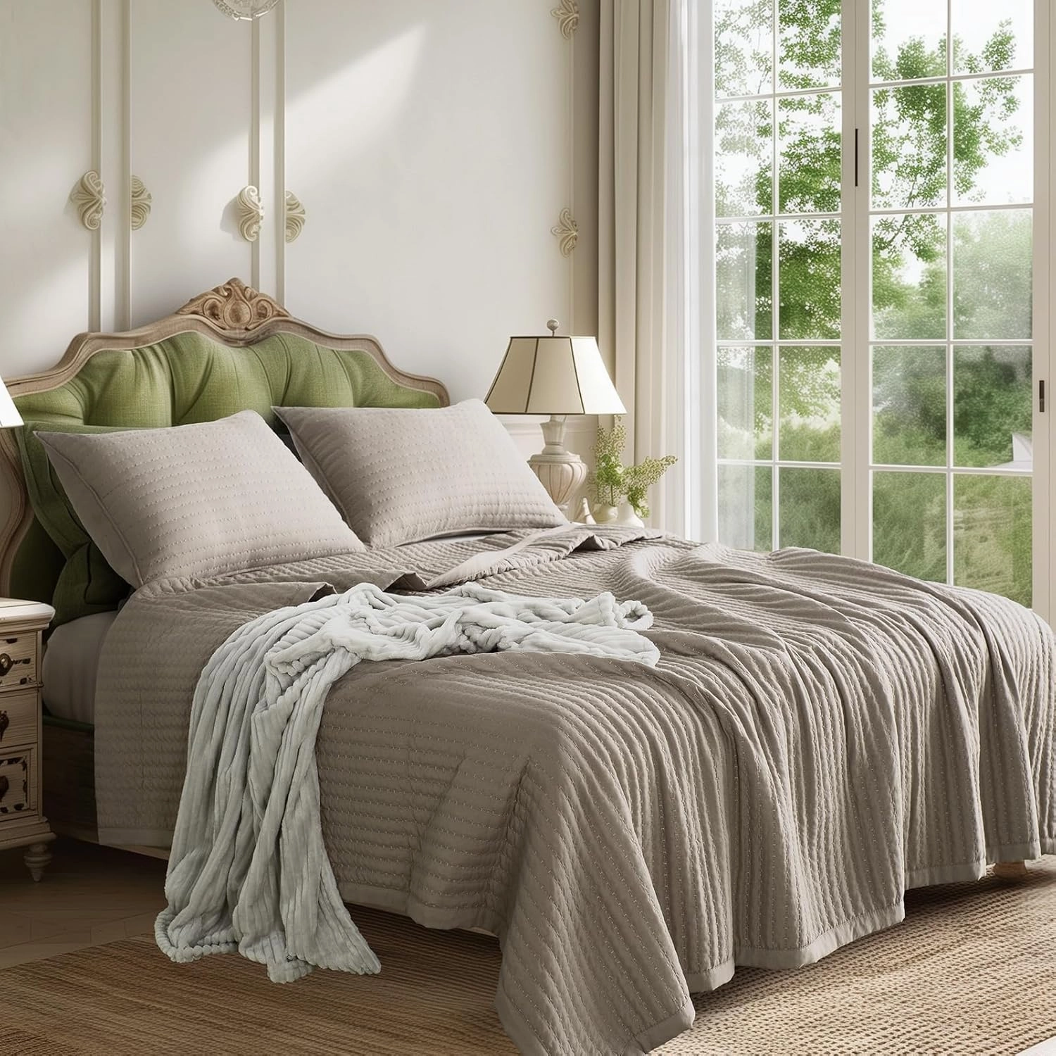 KASENTEX Quilt Mini Set-Stone Washed-Super Soft Bedspread-Light Weight-White Down Alternative Microfiber Fill-Machine Washable-Solid Colors, 2 Shams, Camel, King   2 King