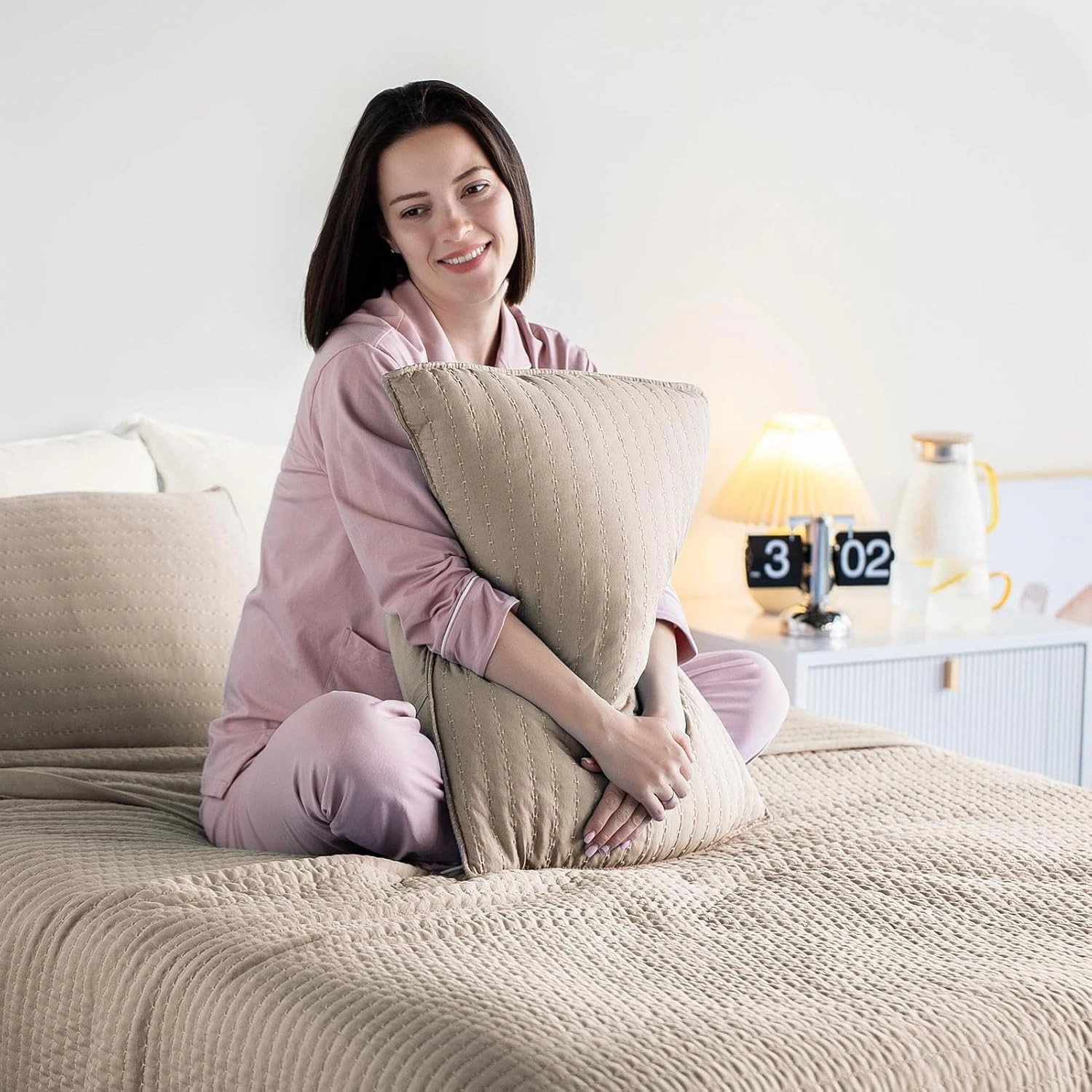 KASENTEX Quilt Mini Set-Stone Washed-Super Soft Bedspread-Light Weight-White Down Alternative Microfiber Fill-Machine Washable-Solid Colors, 2 Shams, Camel, King   2 King