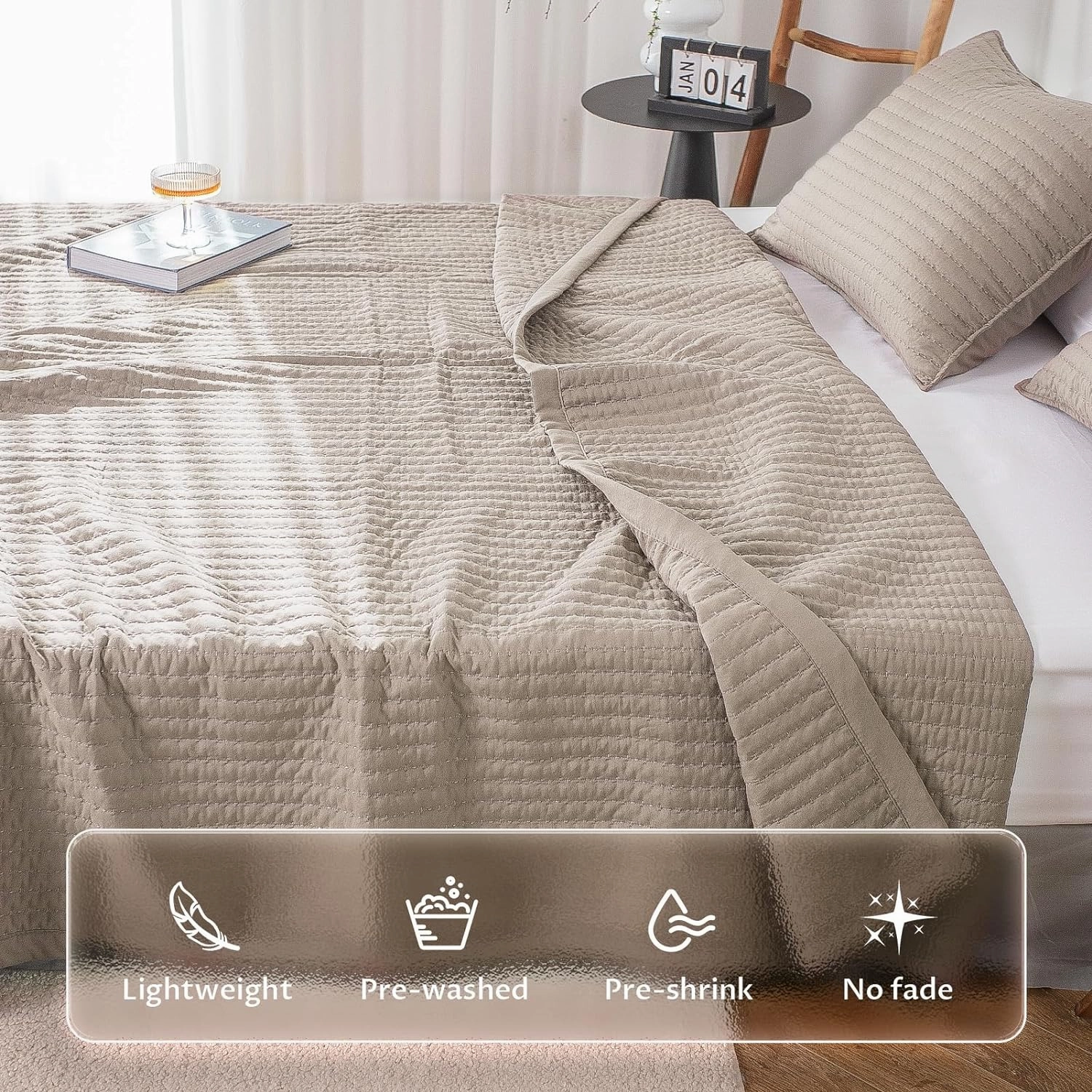 KASENTEX Quilt Mini Set-Stone Washed-Super Soft Bedspread-Light Weight-White Down Alternative Microfiber Fill-Machine Washable-Solid Colors, 2 Shams, Camel, King   2 King