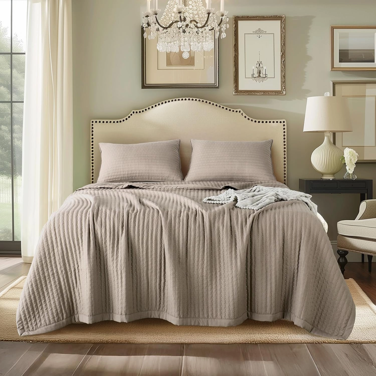 KASENTEX Quilt Mini Set-Stone Washed-Super Soft Bedspread-Light Weight-White Down Alternative Microfiber Fill-Machine Washable-Solid Colors, 2 Shams, Camel, King   2 King