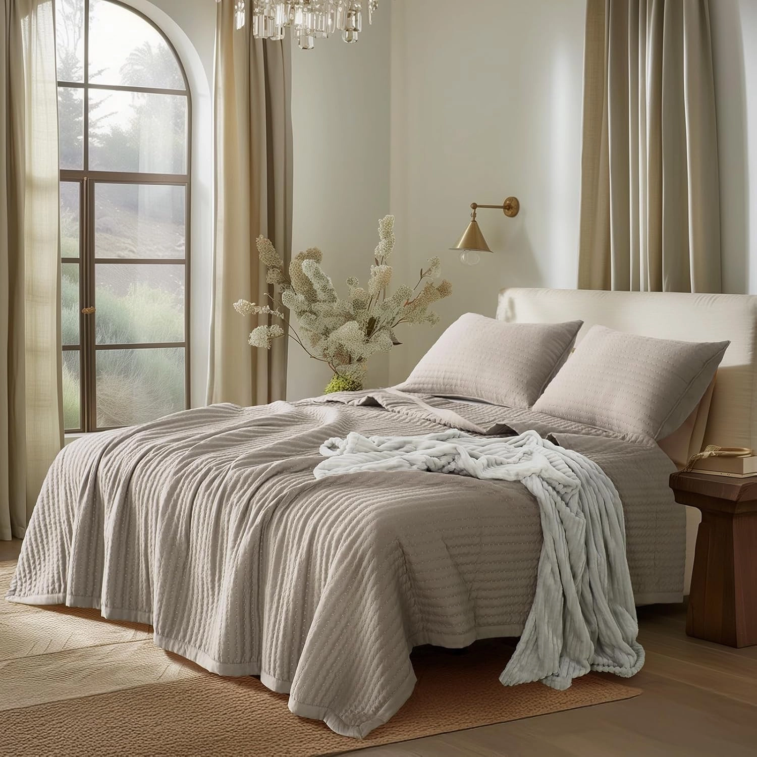 KASENTEX Quilt Mini Set-Stone Washed-Super Soft Bedspread-Light Weight-White Down Alternative Microfiber Fill-Machine Washable-Solid Colors, 2 Shams, Camel, King   2 King