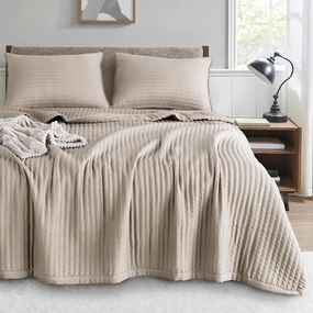 KASENTEX Quilt Mini Set-Stone Washed-Super Soft Bedspread-Light Weight-White Down Alternative Microfiber Fill-Machine Washable-Solid Colors, 2 Shams, Camel, King   2 King