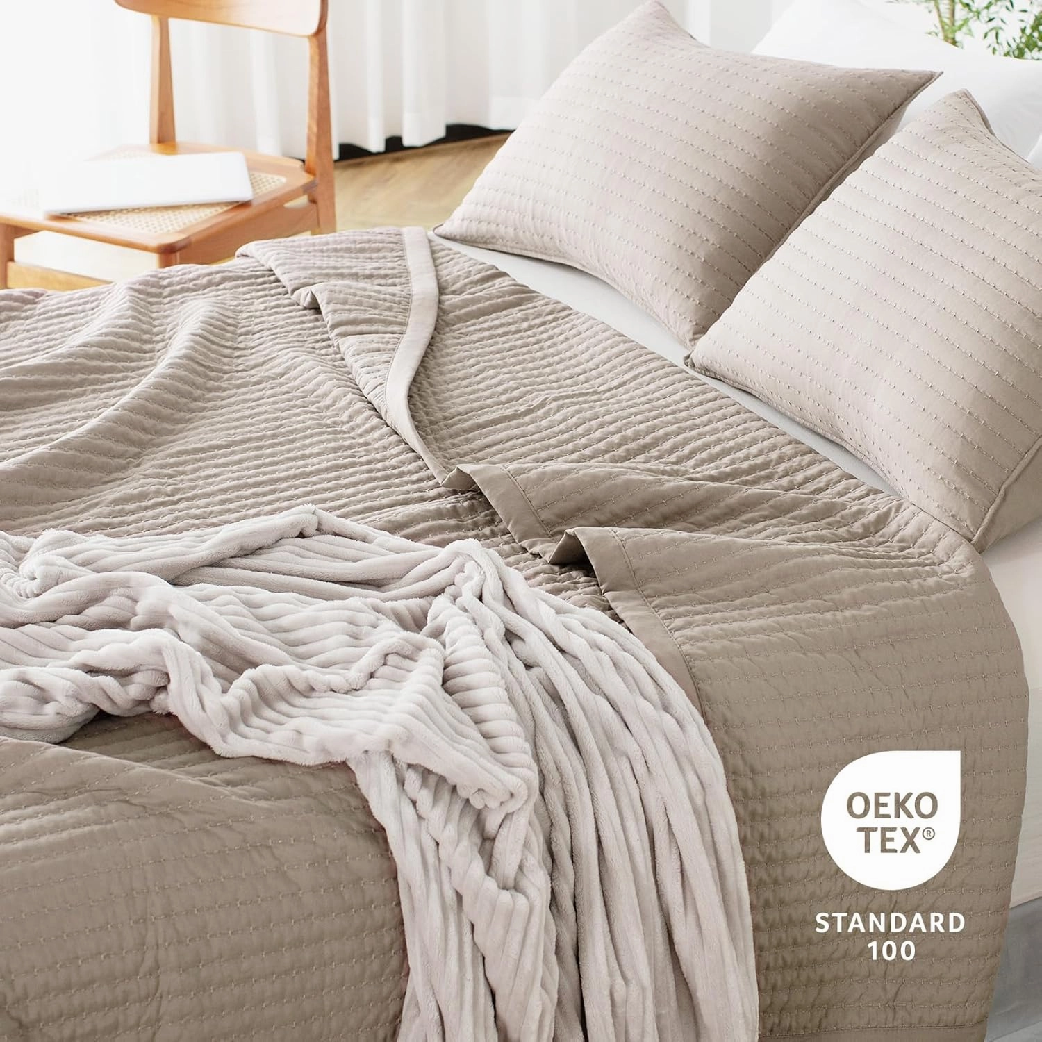 KASENTEX Quilt Mini Set-Stone Washed-Super Soft Bedspread-Light Weight-White Down Alternative Microfiber Fill-Machine Washable-Solid Colors, 2 Shams, Camel, King   2 King