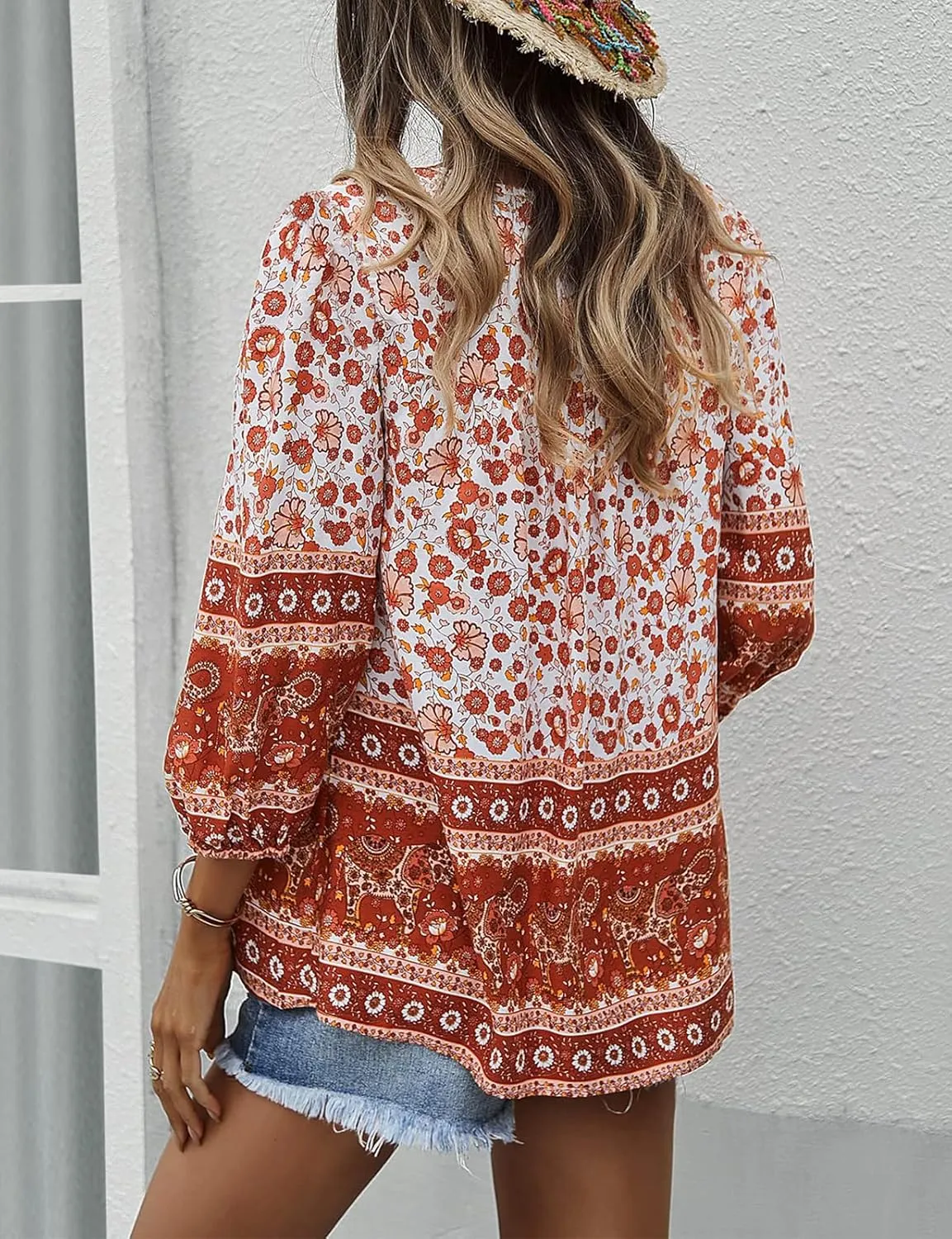 KAYWIDE Women's Casual Boho V Neck Top Loose Floral Printed Long Sleeve Beach Shirts Blouses