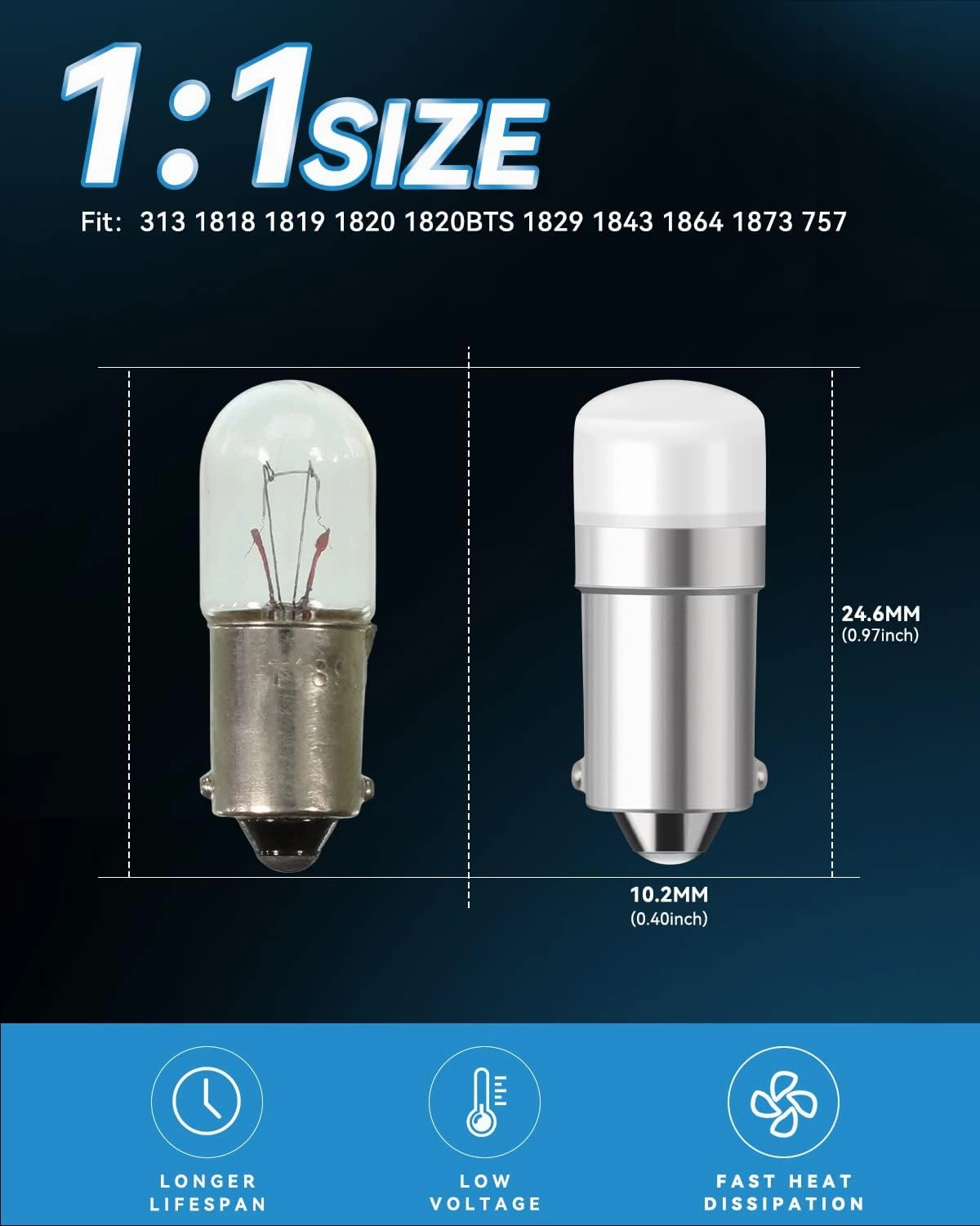 Keiurot 1820 Bulb 1445 1813 1816 1815 757 53 57#313 BA9S Led Bulb 10-30Volt for Lionel Train Light Bulbs, Instrument Indicator Lights, House Number Light Bulb 1818 1819 1895 White 10Pack