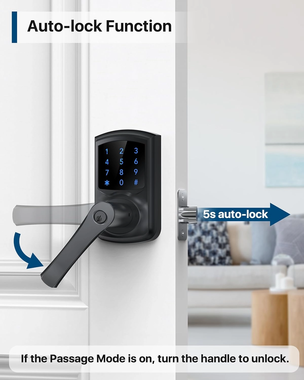 Keyless Entry Door Lock with Keypad and Handle for Front Doors, Touchscreen, Anti-peep Password, Auto-Locking, Matte Black