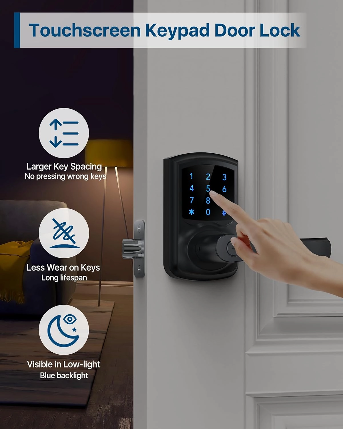 Keyless Entry Door Lock with Keypad and Handle for Front Doors, Touchscreen, Anti-peep Password, Auto-Locking, Matte Black