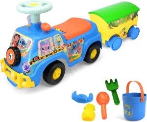 Kiddieland: Lights N' Sounds Camper & Trailer - Stitch - Disney Foot-to-Floor Vehicle, Beach Toy Accessories, Interactive Dashboard, Toddlers 12-36mo