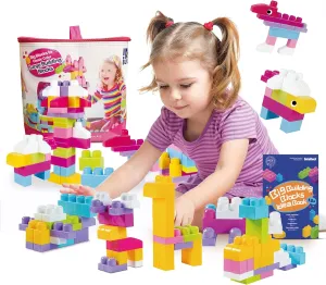 KidEwan Toddler Building Blocks with Storage Bag, Pink Stacking Blocks Preschool Educational Toys for Kids Girls Classroom Playset Ages 18m (60Pcs)