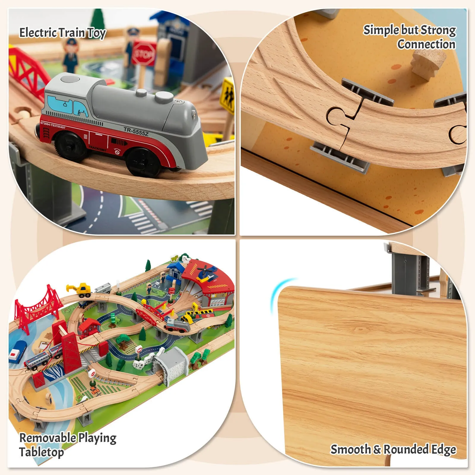 Kids Double-Sided Wooden Train Table Playset with Storage Drawer