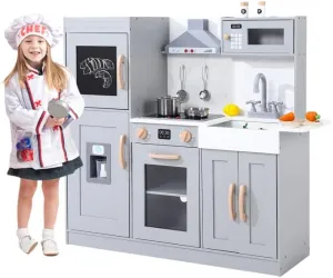 Kids Mini Pretend Toy Kitchenette,Wooden Kitchen Playset with 20 Pcs Cookware Accessories,Ice Maker, Microwave, Oven, Range Hood, Sink, Real Lights & Sounds,Chef Pretend Play Set Ages 3 ,Grey