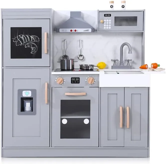 Kids Mini Pretend Toy Kitchenette,Wooden Kitchen Playset with 20 Pcs Cookware Accessories,Ice Maker, Microwave, Oven, Range Hood, Sink, Real Lights & Sounds,Chef Pretend Play Set Ages 3 ,Grey