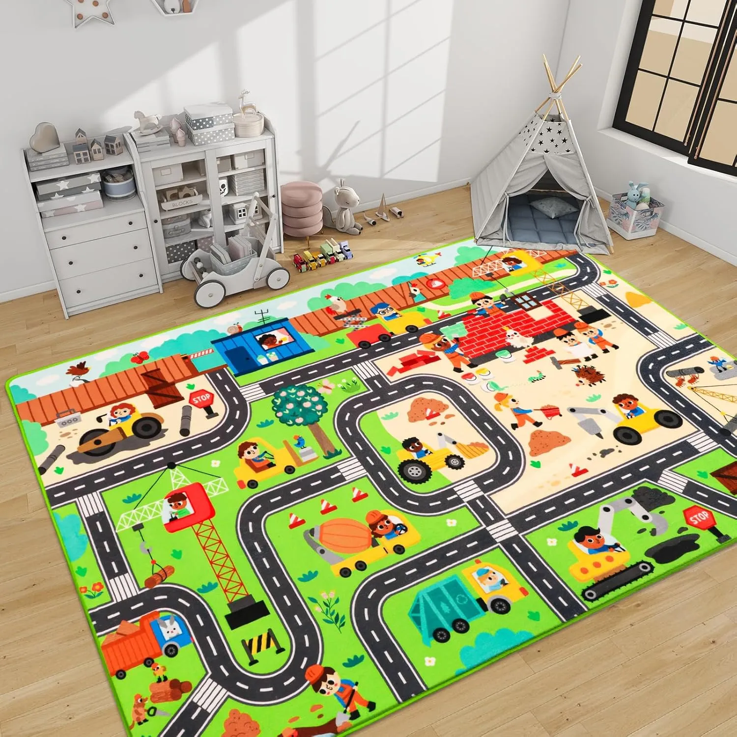 Kids Rug Play Mat for Toy Cars, 59"×39.4" Construction Site Road Traffic for Playroom Kids City Engineering Car Road Play Mat Non-Slip Washable Carpet Toddlers Boys Room Family Playtime