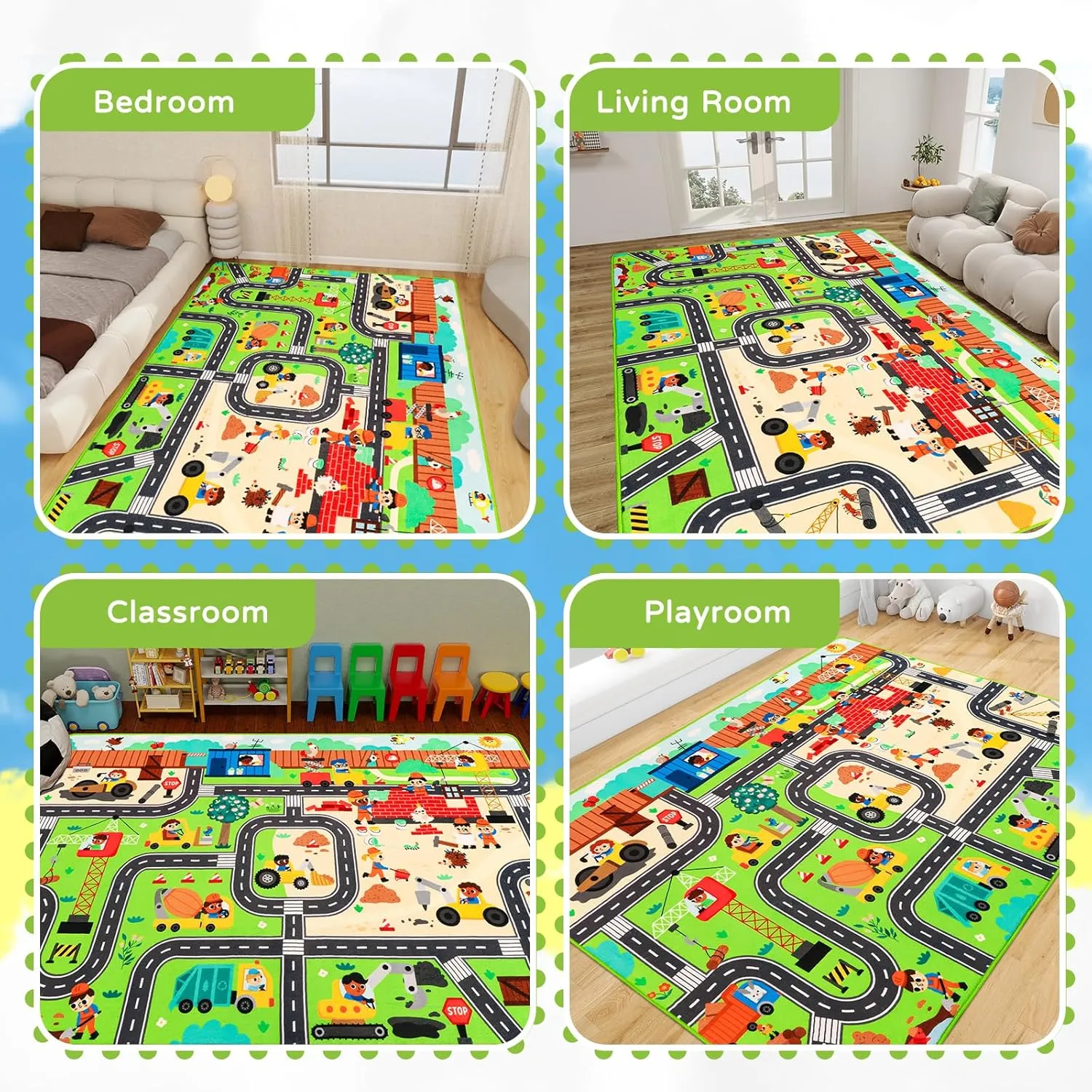 Kids Rug Play Mat for Toy Cars, 59"×39.4" Construction Site Road Traffic for Playroom Kids City Engineering Car Road Play Mat Non-Slip Washable Carpet Toddlers Boys Room Family Playtime