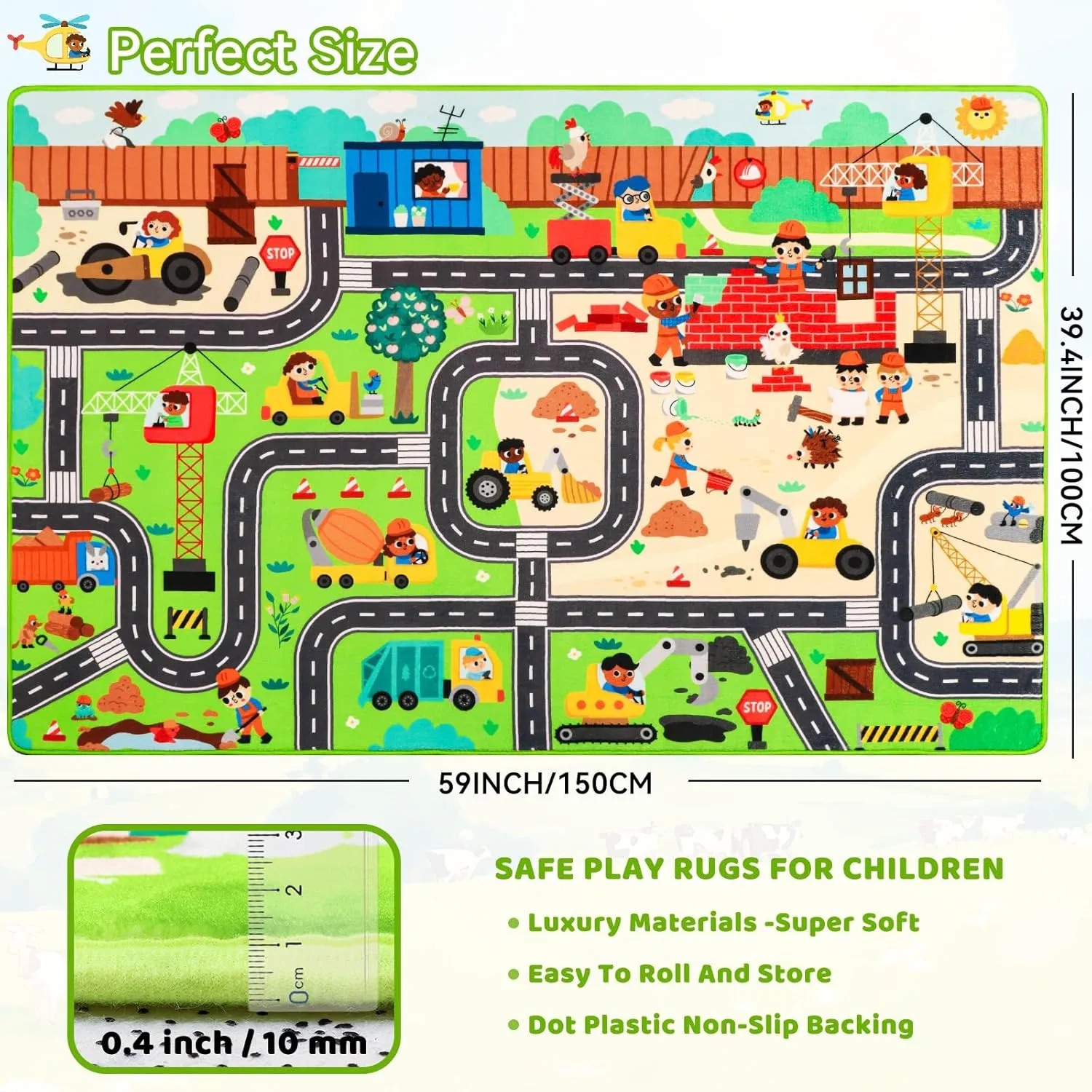 Kids Rug Play Mat for Toy Cars, 59"×39.4" Construction Site Road Traffic for Playroom Kids City Engineering Car Road Play Mat Non-Slip Washable Carpet Toddlers Boys Room Family Playtime