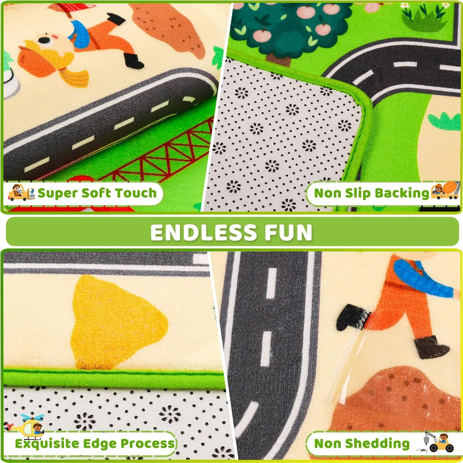 Kids Rug Play Mat for Toy Cars, 59"×39.4" Construction Site Road Traffic for Playroom Kids City Engineering Car Road Play Mat Non-Slip Washable Carpet Toddlers Boys Room Family Playtime