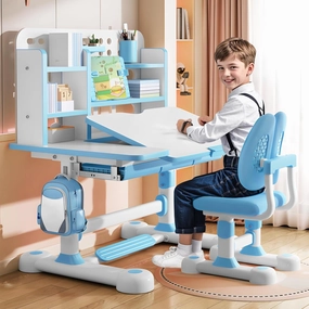 Kids Functional Desk and Chair Set, Upgraded Kids Table and Chair Set, Height Adjustable Kids School Desk, 50-Degree Tiltable Desktop Study Table with Chair for Bedroom Study Room Bookshelf