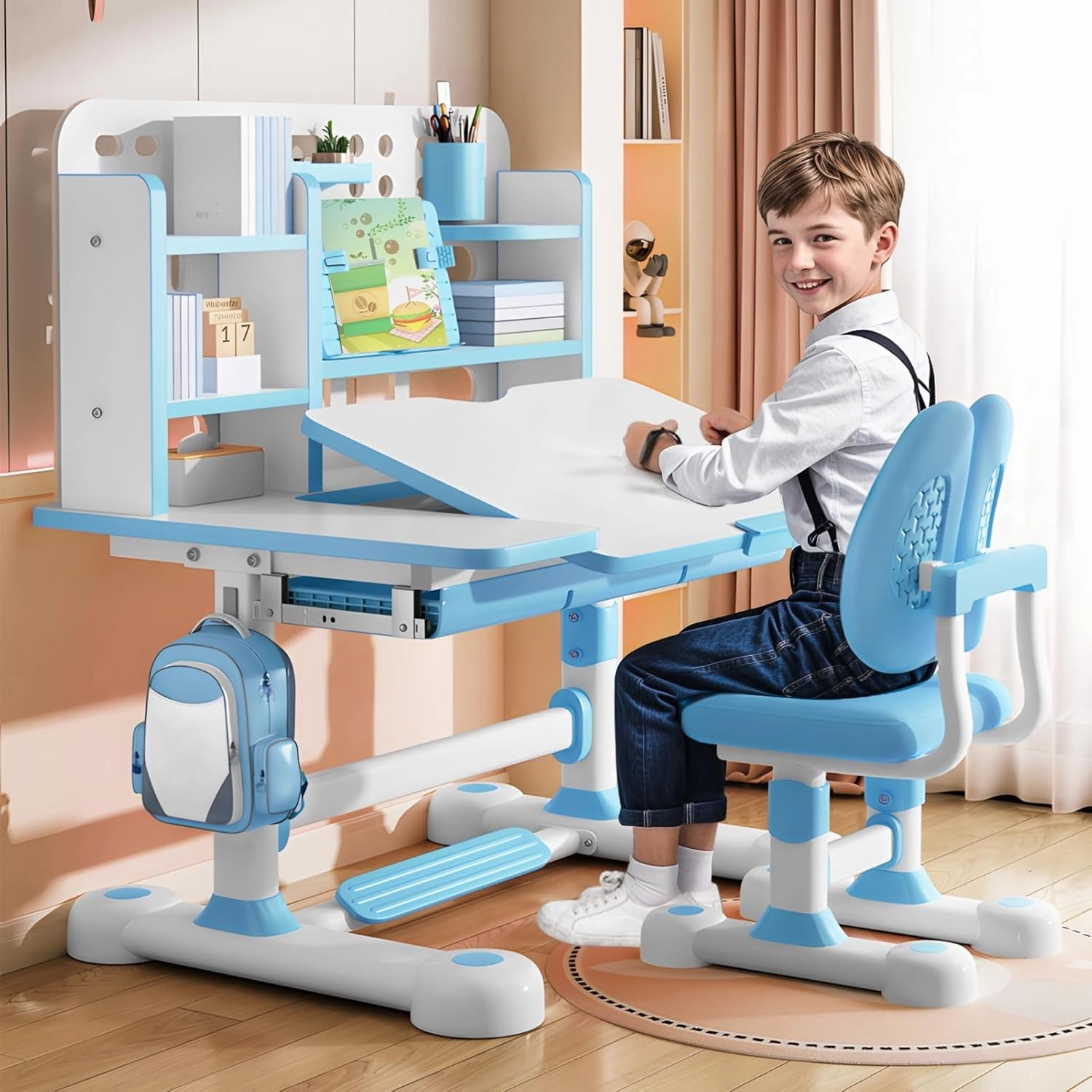 Kids Functional Desk and Chair Set, Upgraded Kids Table and Chair Set, Height Adjustable Kids School Desk, 50-Degree Tiltable Desktop Study Table with Chair for Bedroom Study Room Bookshelf