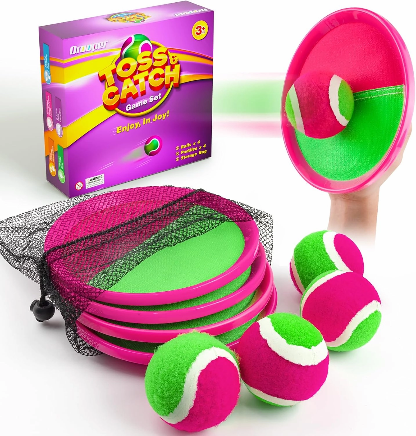 Kids Outdoor Toys - Toss and Catch Game Set, Outside Yard Camping Beach Pool Toys Games for Boys Girls 3 4 5 6 7 8 9 10 Year Old, 4 Paddles 4 Balls (Pink Pink)