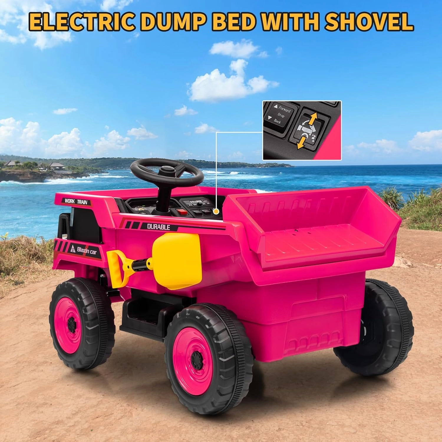 Kids Ride On Dump Truck 12V Ride On Construction Vehicle with Remote Control Toddler Ride On Car Toy with Electric Dump Bed, Shovel, Spring Suspension, Music, LED Lights, Rose Red