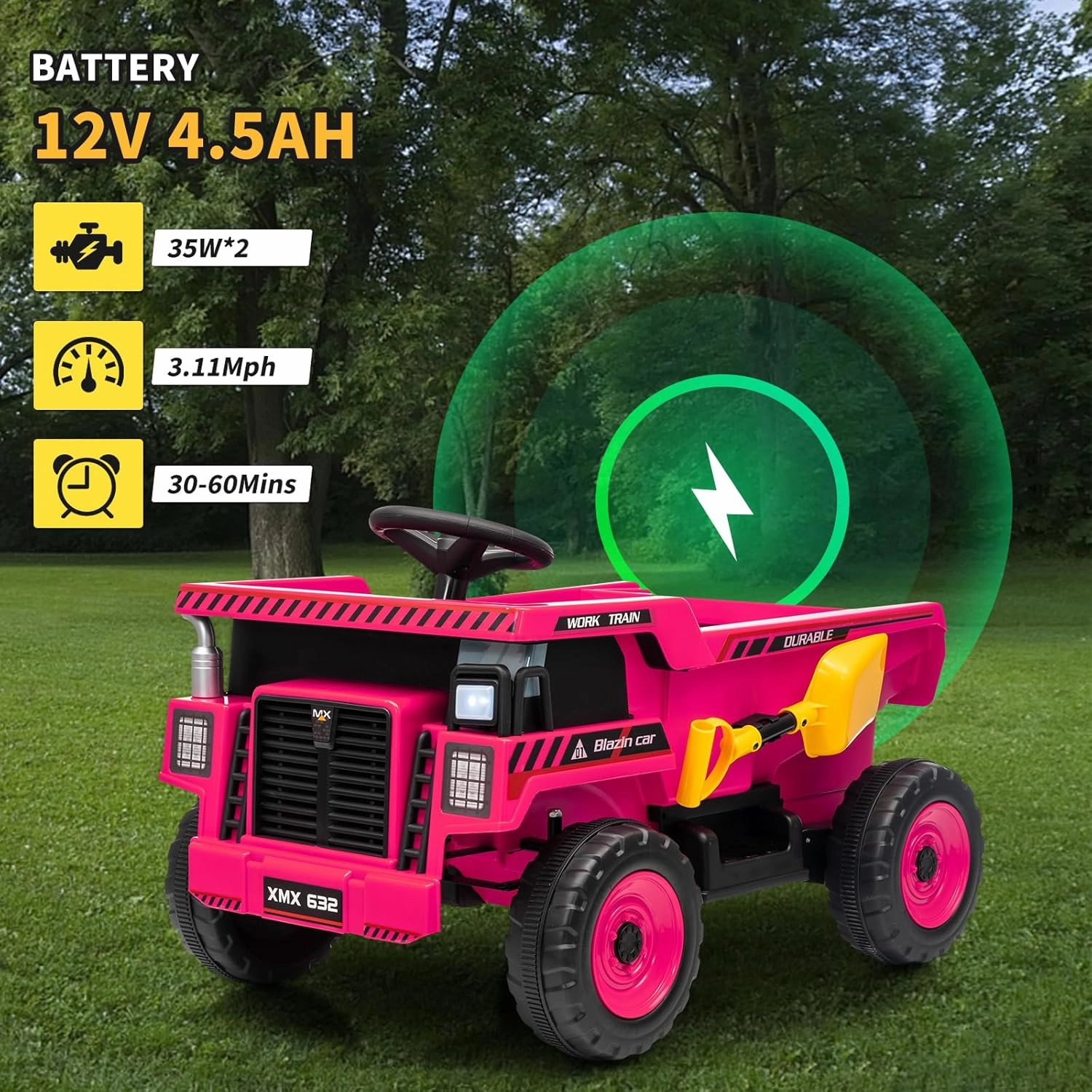 Kids Ride On Dump Truck 12V Ride On Construction Vehicle with Remote Control Toddler Ride On Car Toy with Electric Dump Bed, Shovel, Spring Suspension, Music, LED Lights, Rose Red