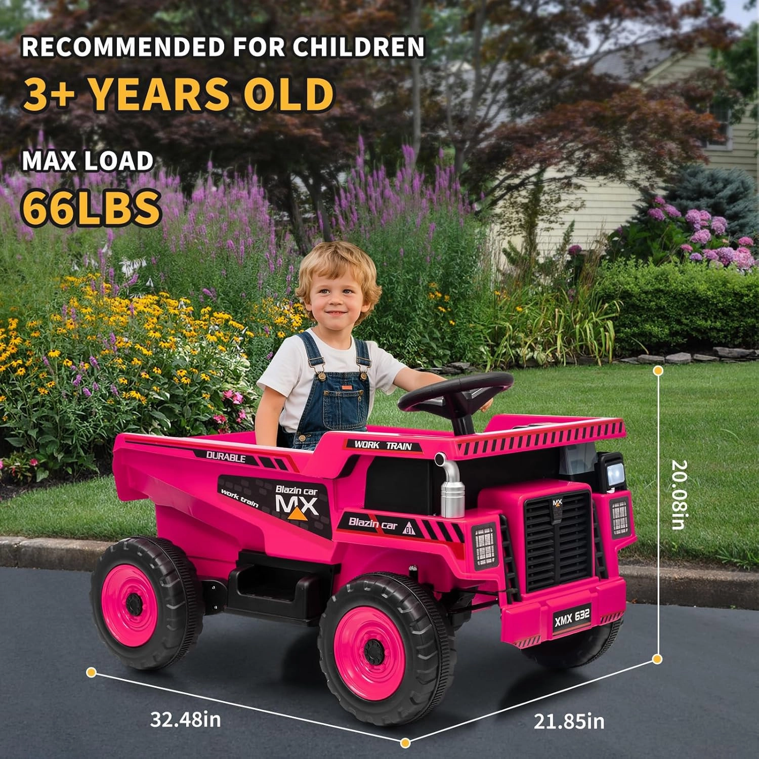 Kids Ride On Dump Truck 12V Ride On Construction Vehicle with Remote Control Toddler Ride On Car Toy with Electric Dump Bed, Shovel, Spring Suspension, Music, LED Lights, Rose Red