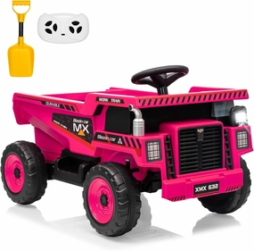 Kids Ride On Dump Truck 12V Ride On Construction Vehicle with Remote Control Toddler Ride On Car Toy with Electric Dump Bed, Shovel, Spring Suspension, Music, LED Lights, Rose Red