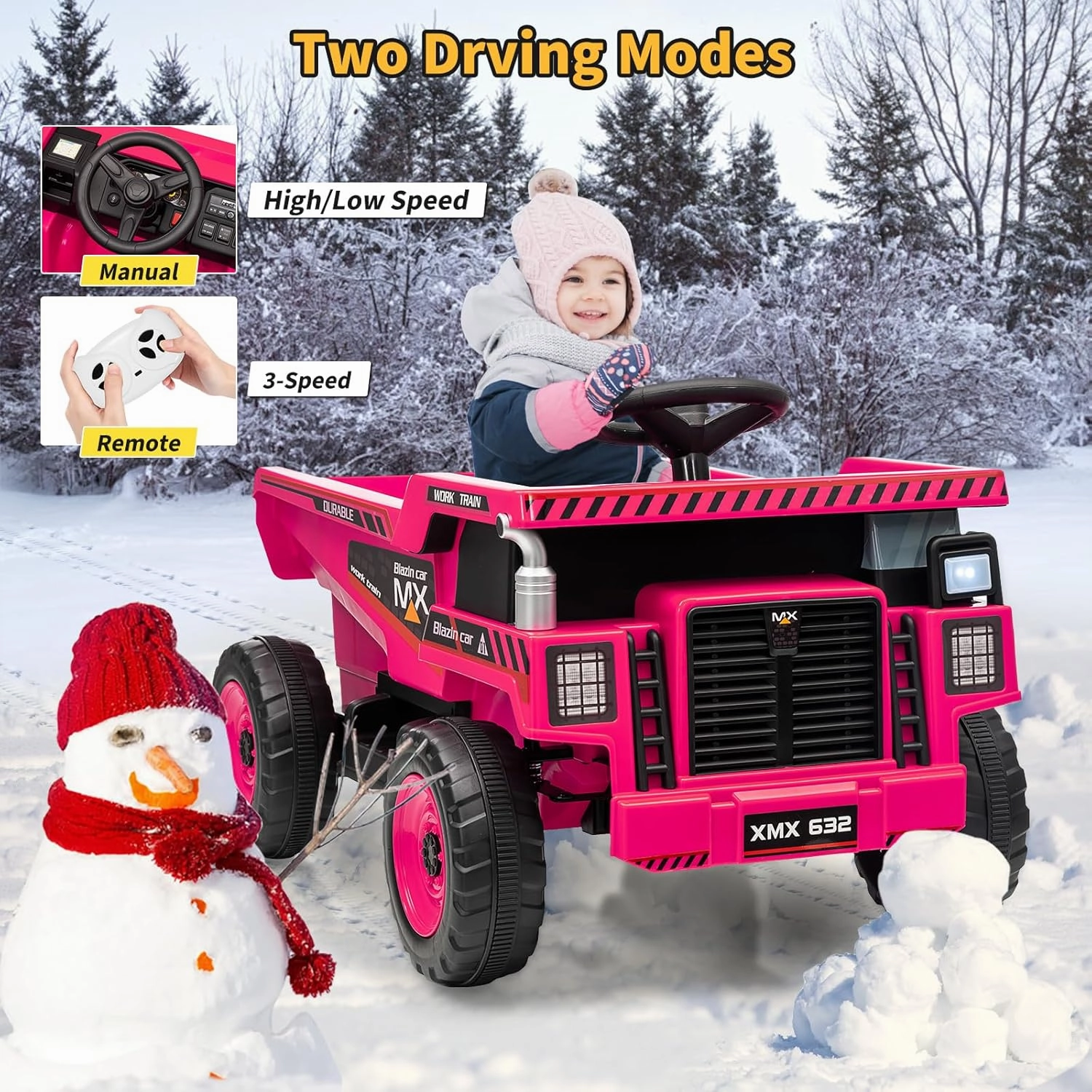 Kids Ride On Dump Truck 12V Ride On Construction Vehicle with Remote Control Toddler Ride On Car Toy with Electric Dump Bed, Shovel, Spring Suspension, Music, LED Lights, Rose Red