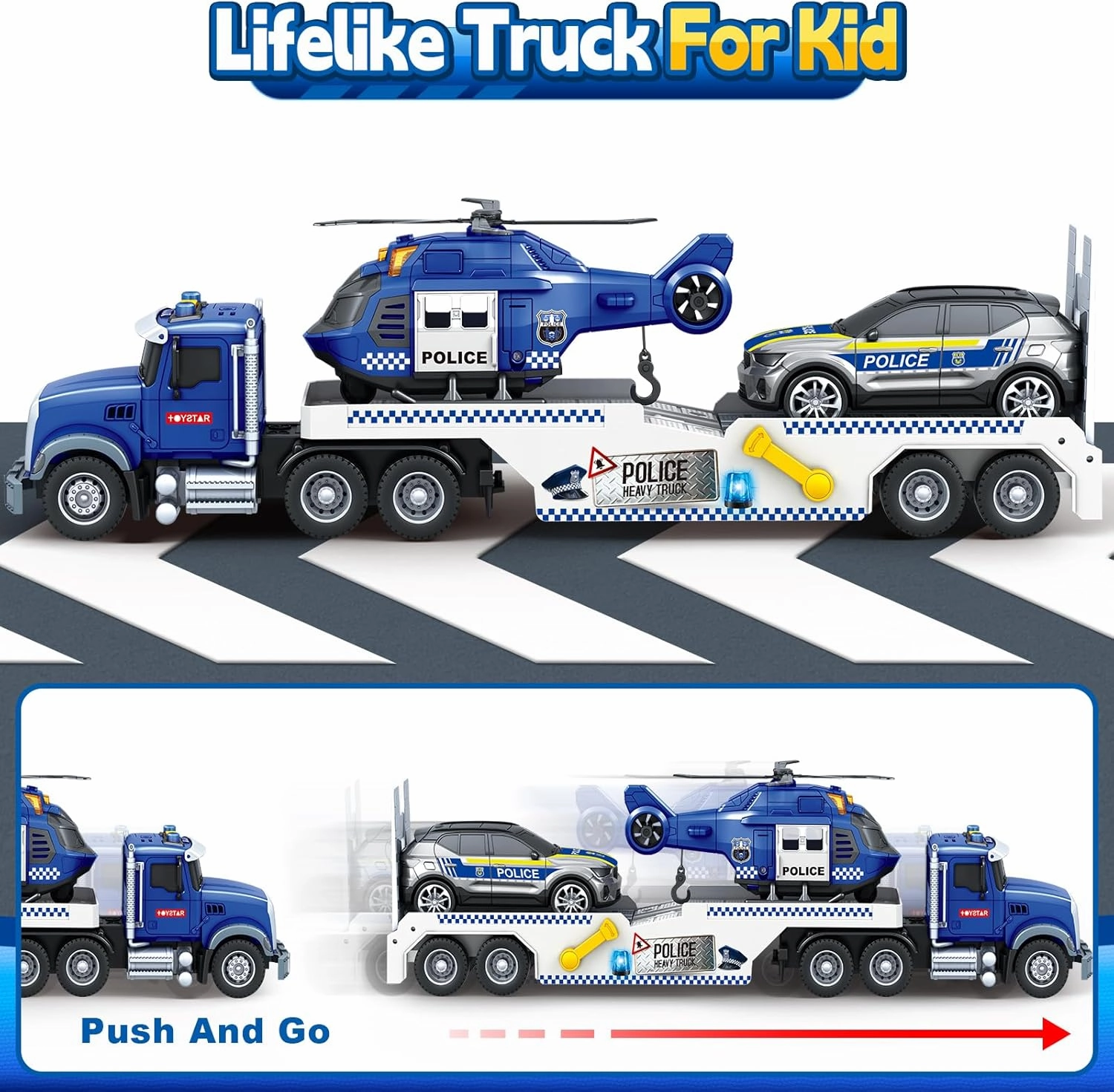 Kids Toys for 3 4 5 6 7 8 Years Old Boys, 20.5" Police Truck Toy with Racing Car and Helicopter, Toddler Friction Powered Truck Vehicle Toy with Lights, Sounds for Boys Girls Christmas Birthday Gifts