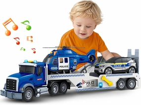 Kids Toys for 3 4 5 6 7 8 Years Old Boys, 20.5" Police Truck Toy with Racing Car and Helicopter, Toddler Friction Powered Truck Vehicle Toy with Lights, Sounds for Boys Girls Christmas Birthday Gifts