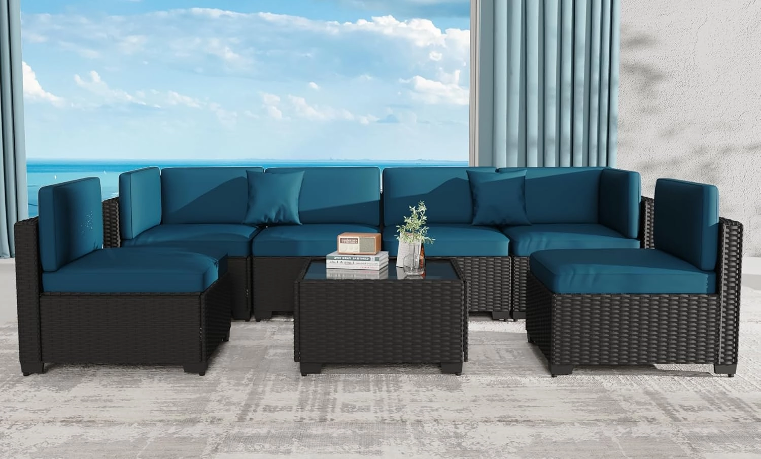 KIGOTY Patio Furniture Set,7 Pieces Modular Outdoor Sectional Sofa, PE Rattan Patio Conversation Set, All Weather Wicker Patio Furniture with Cushions and Coffee Table (Black/Blue)