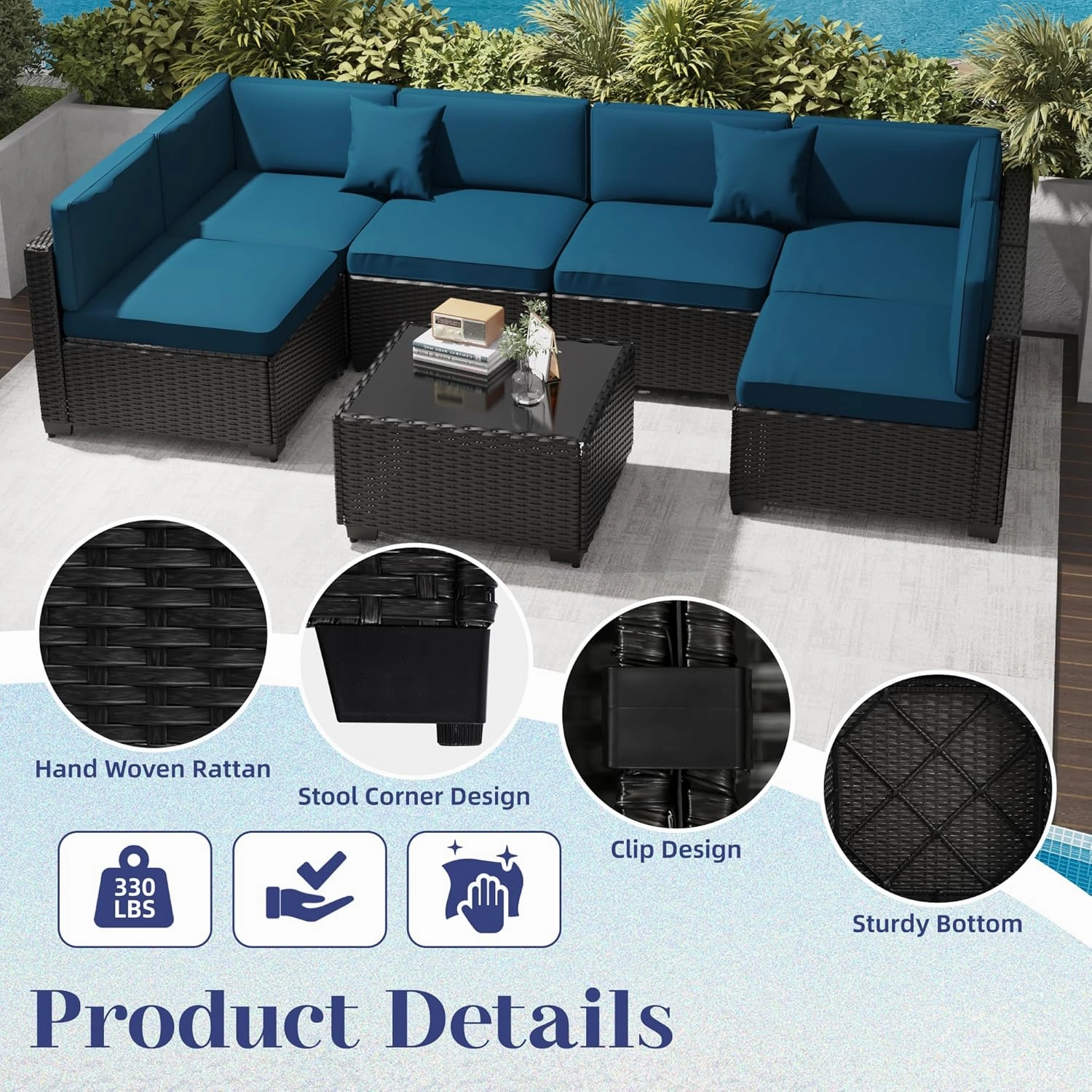 KIGOTY Patio Furniture Set,7 Pieces Modular Outdoor Sectional Sofa, PE Rattan Patio Conversation Set, All Weather Wicker Patio Furniture with Cushions and Coffee Table (Black/Blue)