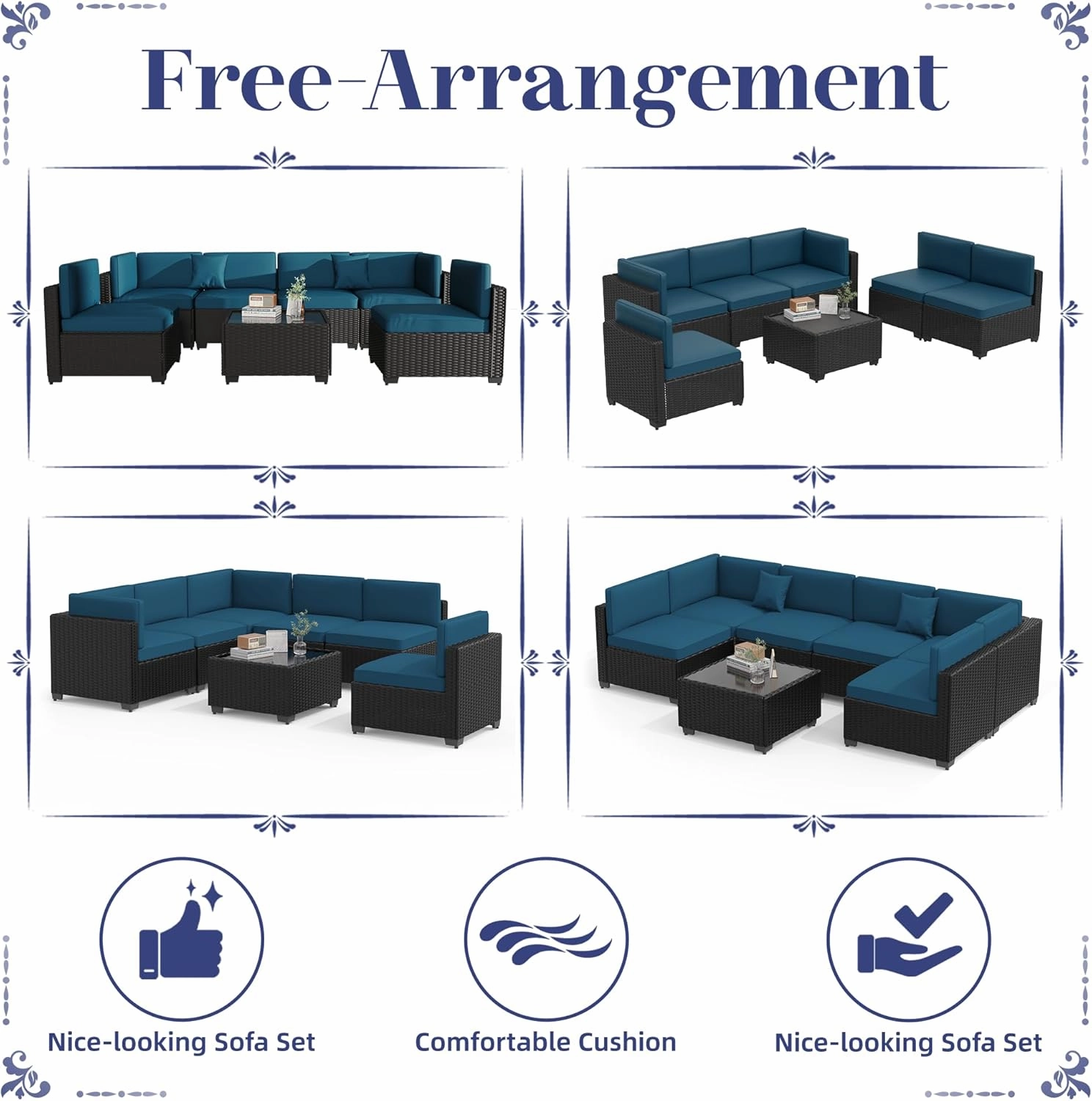 KIGOTY Patio Furniture Set,7 Pieces Modular Outdoor Sectional Sofa, PE Rattan Patio Conversation Set, All Weather Wicker Patio Furniture with Cushions and Coffee Table (Black/Blue)