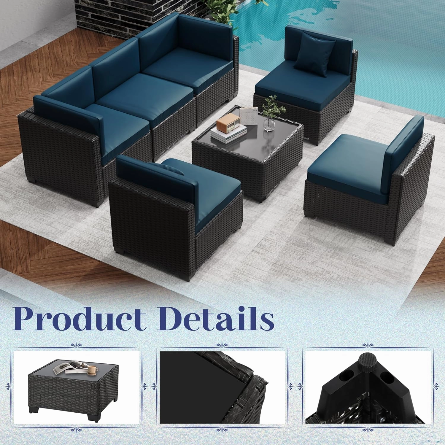 KIGOTY Patio Furniture Set,7 Pieces Modular Outdoor Sectional Sofa, PE Rattan Patio Conversation Set, All Weather Wicker Patio Furniture with Cushions and Coffee Table (Black/Blue)