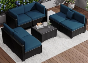 KIGOTY Patio Furniture Set,7 Pieces Modular Outdoor Sectional Sofa, PE Rattan Patio Conversation Set, All Weather Wicker Patio Furniture with Cushions and Coffee Table (Black/Blue)