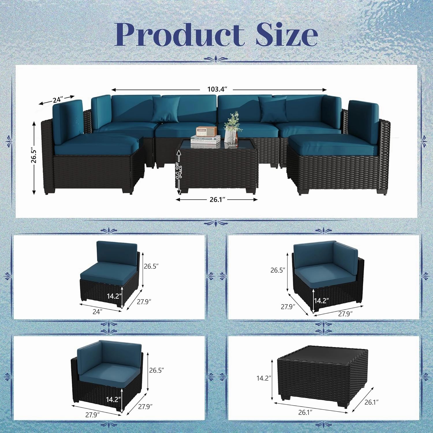 KIGOTY Patio Furniture Set,7 Pieces Modular Outdoor Sectional Sofa, PE Rattan Patio Conversation Set, All Weather Wicker Patio Furniture with Cushions and Coffee Table (Black/Blue)