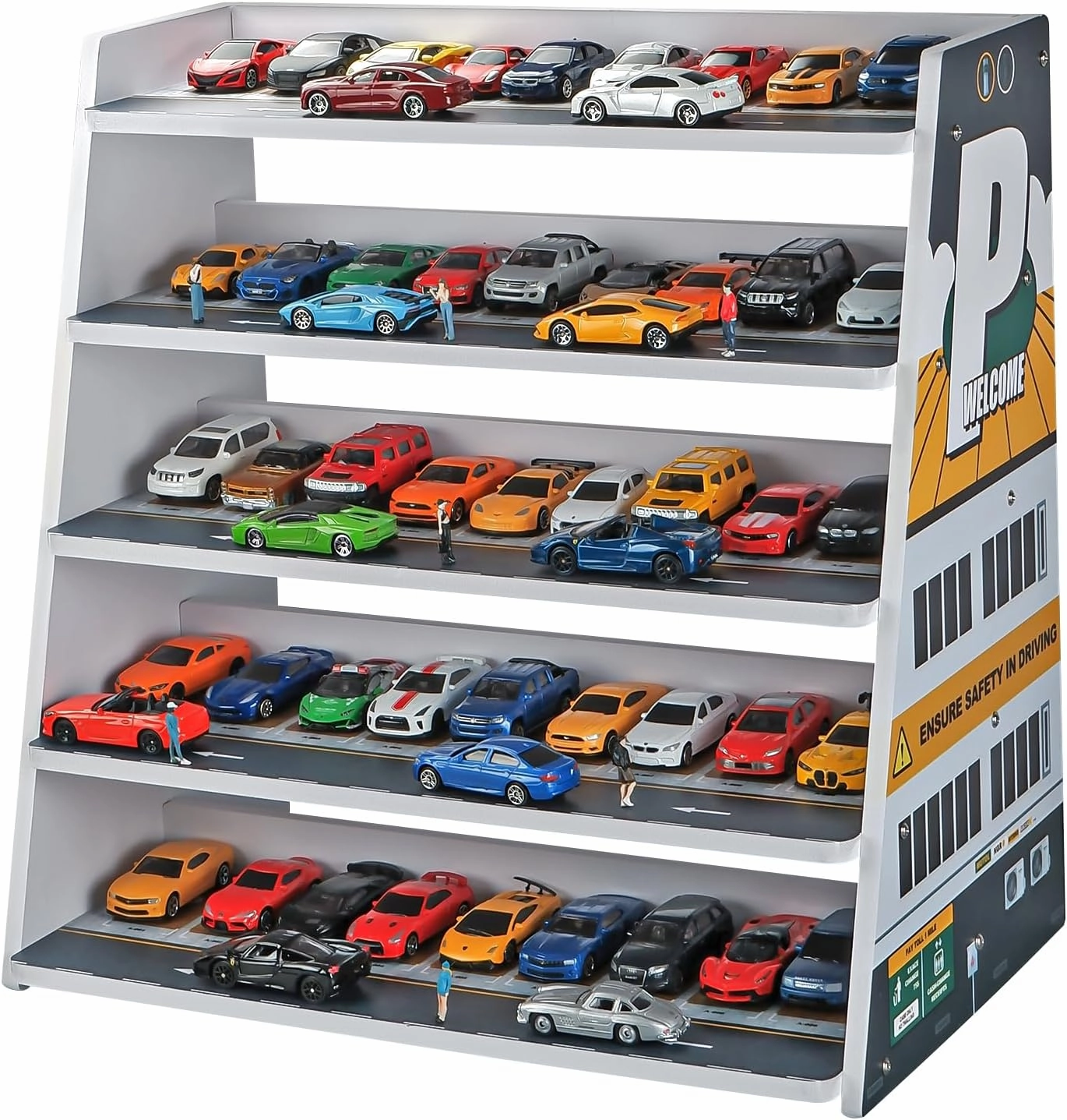 Kivmcds 1/64 Hot Die Cast Wheel Display Case，Five-Tier Stepped car Model Display Stand，Toy Car Storage Display Rack（Parking Lot Scene）