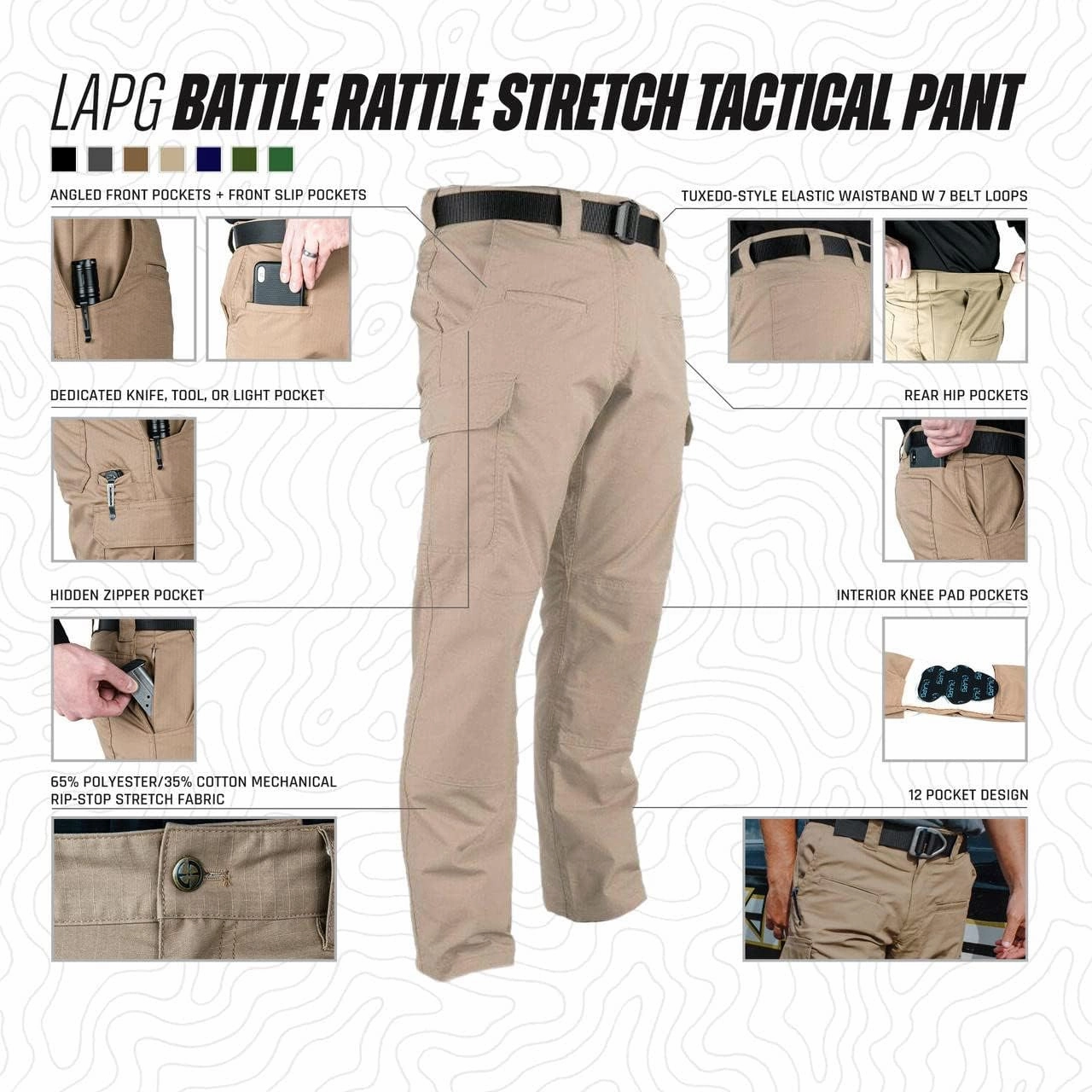 LA Police Gear Men's Battle Rattle Stretch Cargo Pants, Durable Ripstop Tactical Pants for Men, Stretch Waistband EDC Pants