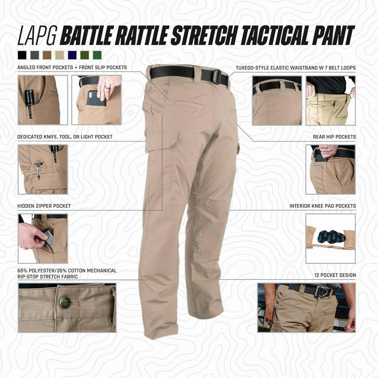 LA Police Gear Men's Battle Rattle Stretch Cargo Pants, Durable Ripstop Tactical Pants for Men, Stretch Waistband EDC Pants