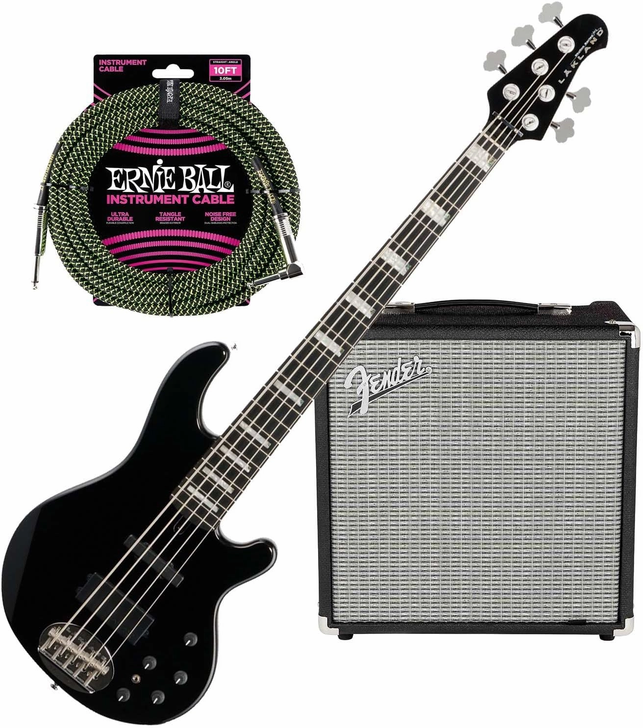 Lakland Skyline 55-02 Bass Guitar, Black Sparkle, Ebony Fingerboard, Fender Rumble 25, Ernie Ball P06077 Bundle