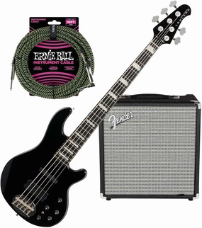 Lakland Skyline 55-02 Bass Guitar, Black Sparkle, Ebony Fingerboard, Fender Rumble 25, Ernie Ball P06077 Bundle