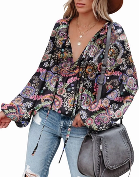 LAMISSCHE Womens Sexy Deep V Neck Blouse Lantern Long Sleeve Chiffon Shirt Oversized Drawstring Silk Satin Tunic