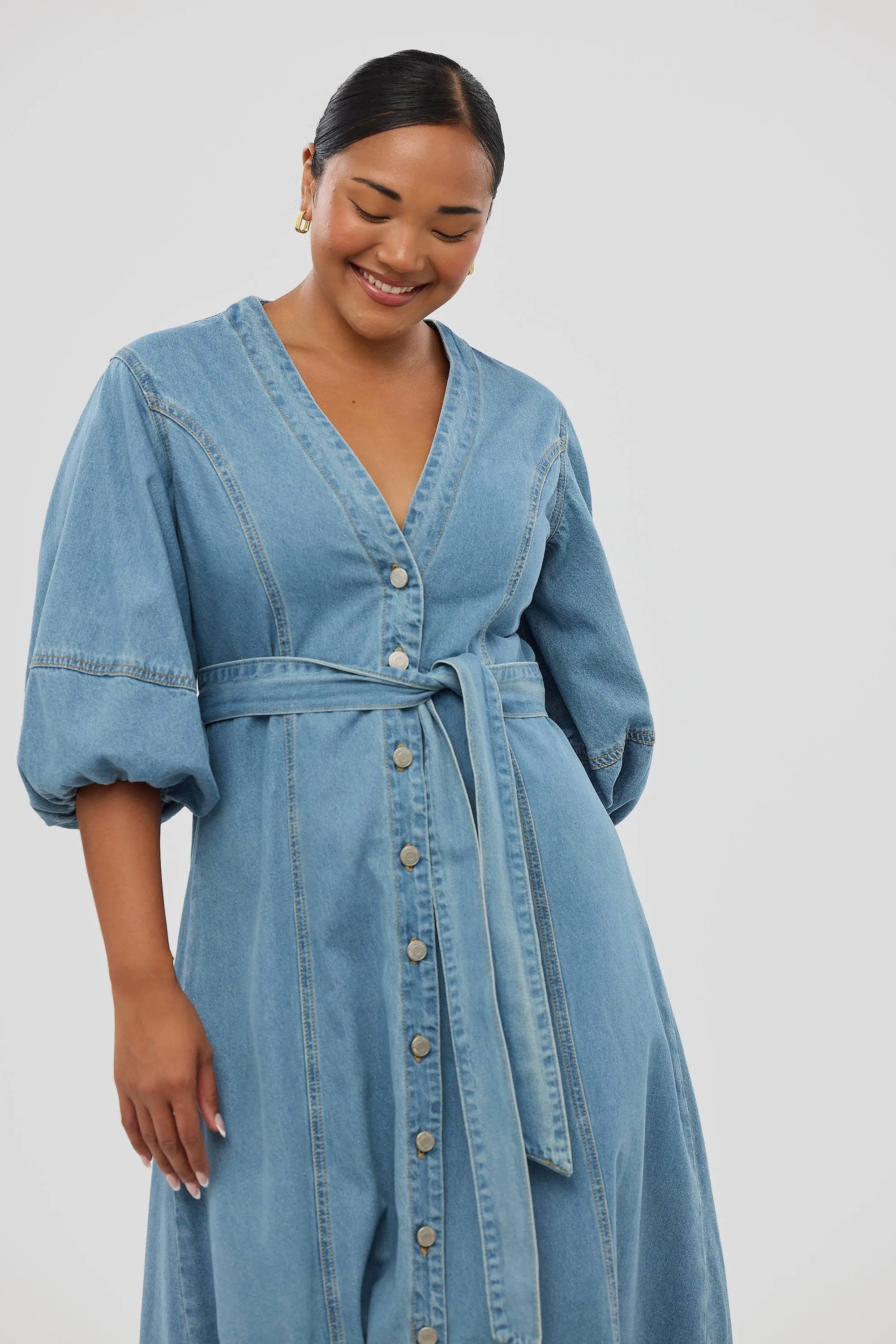 Lantern Sleeve Midi Dress - Mid Blue Wash