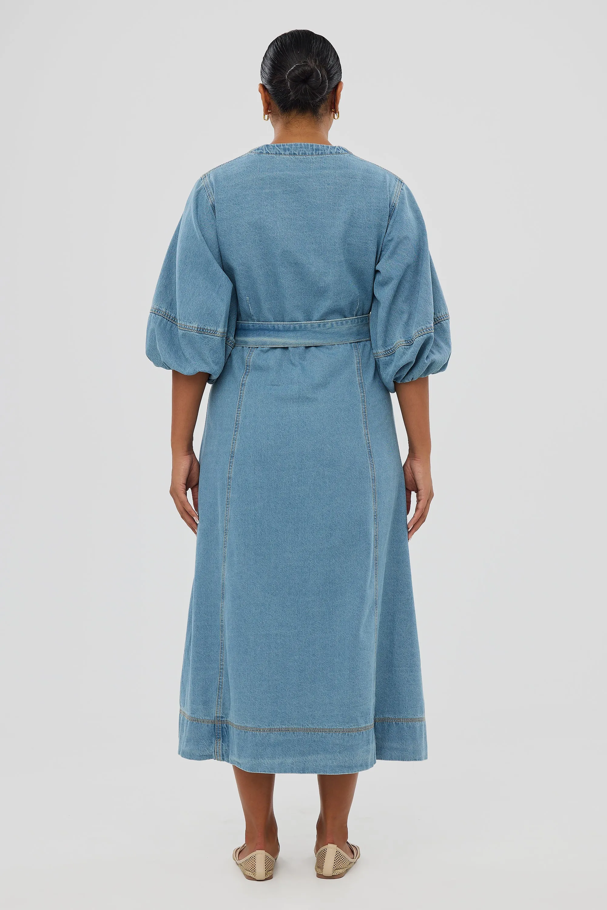 Lantern Sleeve Midi Dress - Mid Blue Wash